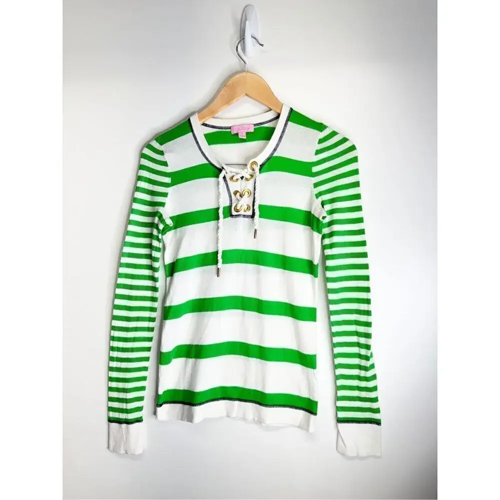Lilly‎ Pulitzer Sweater Size Small Green White Striped Long Sleeve Pullover